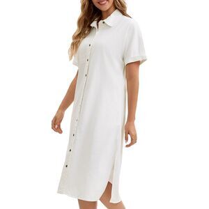 Summer Short Sleeve Button Down Casual Midi Tunic Jean Shirt Dress White